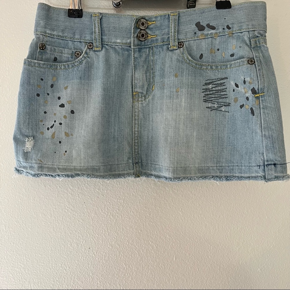 Yag- Light Blue denim skirt w/unique designs/stitching, frayed hem